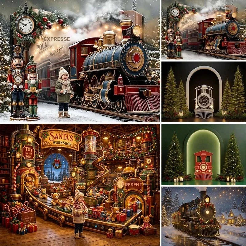 Cenários LS Winter Polar Express para Fotografia de Crianças e Bebês, Acessórios para Fotos de Adultos e Crianças, Decorações de Natal, Fundo de Estúdio Fotográfico com Tema de Estação de Trem na Neve