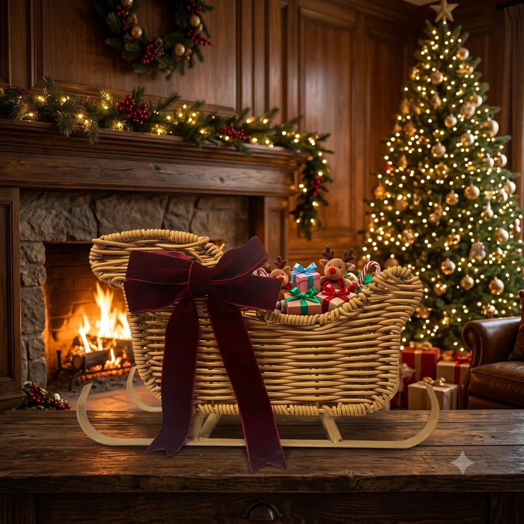 Cesta Trenó de Natal em Rattan com Laço de Veludo