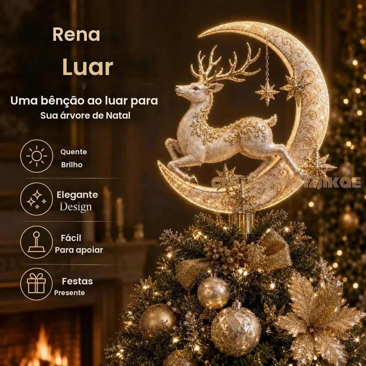 Coleção de enfeites para a ponteira da árvore de Natal, com iluminação, em formato de anjo, cardenal e rena, com um brilho suave e detalhes inspirados em cristais.