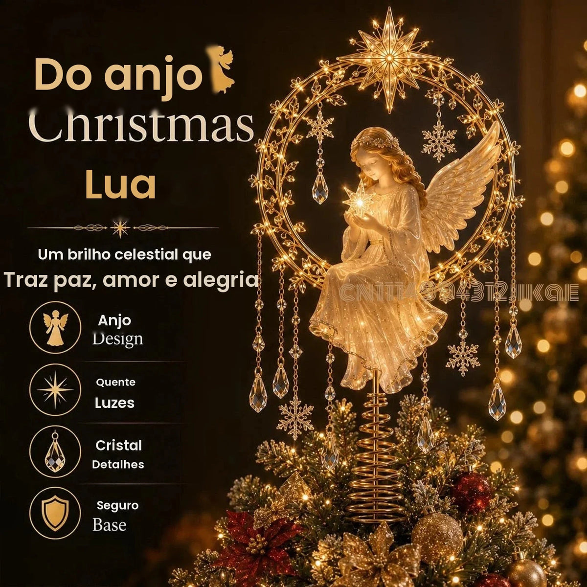 Coleção de enfeites para a ponteira da árvore de Natal, com iluminação, em formato de anjo, cardenal e rena, com um brilho suave e detalhes inspirados em cristais.