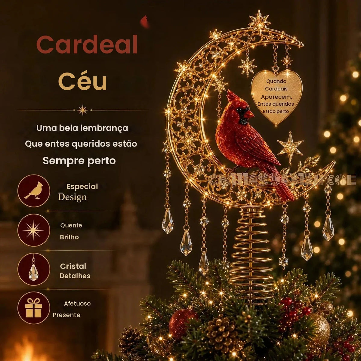 Coleção de enfeites para a ponteira da árvore de Natal, com iluminação, em formato de anjo, cardenal e rena, com um brilho suave e detalhes inspirados em cristais.