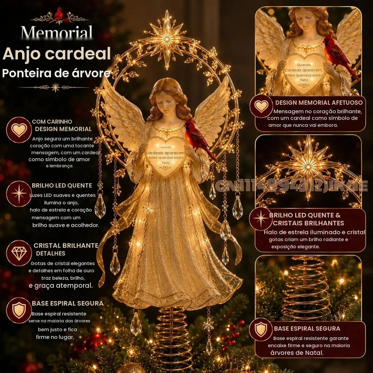 Coleção de enfeites para a ponteira da árvore de Natal, com iluminação, em formato de anjo, cardenal e rena, com um brilho suave e detalhes inspirados em cristais.