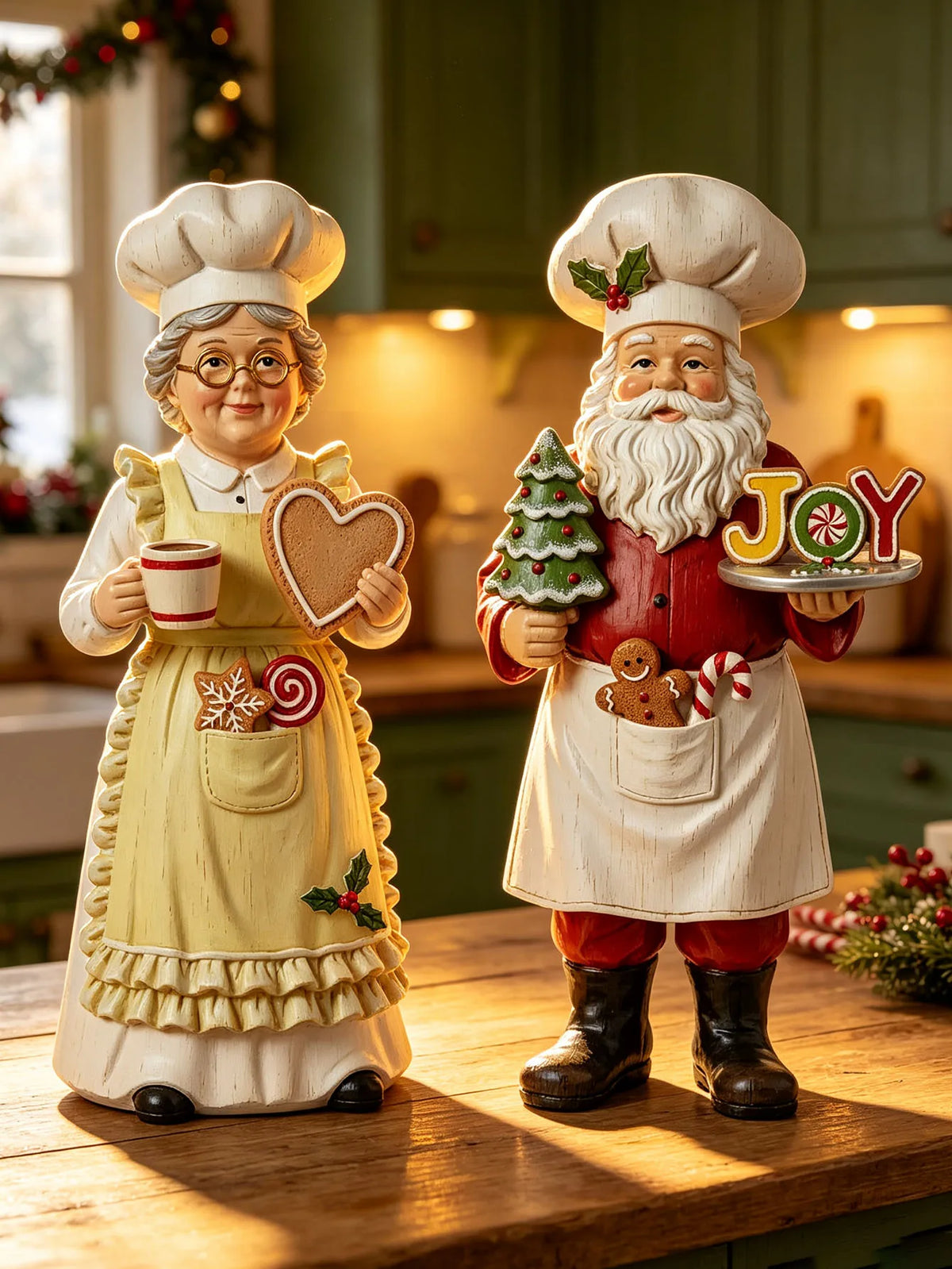 Conjunto de 2 peças de enfeites de Natal do Chef Papai Noel e da Sra. Noel, figuras de madeira do Chef Papai Noel
