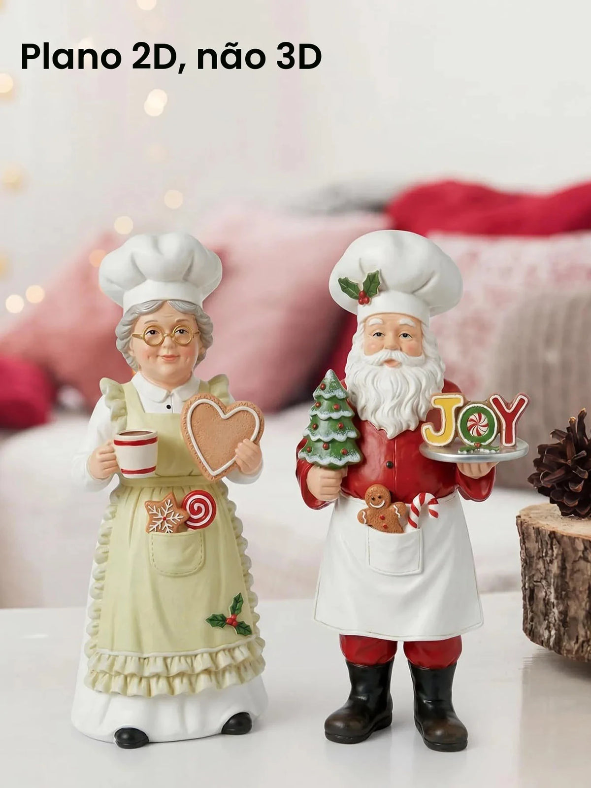 Conjunto de 2 peças de enfeites de Natal do Chef Papai Noel e da Sra. Noel, figuras de madeira do Chef Papai Noel
