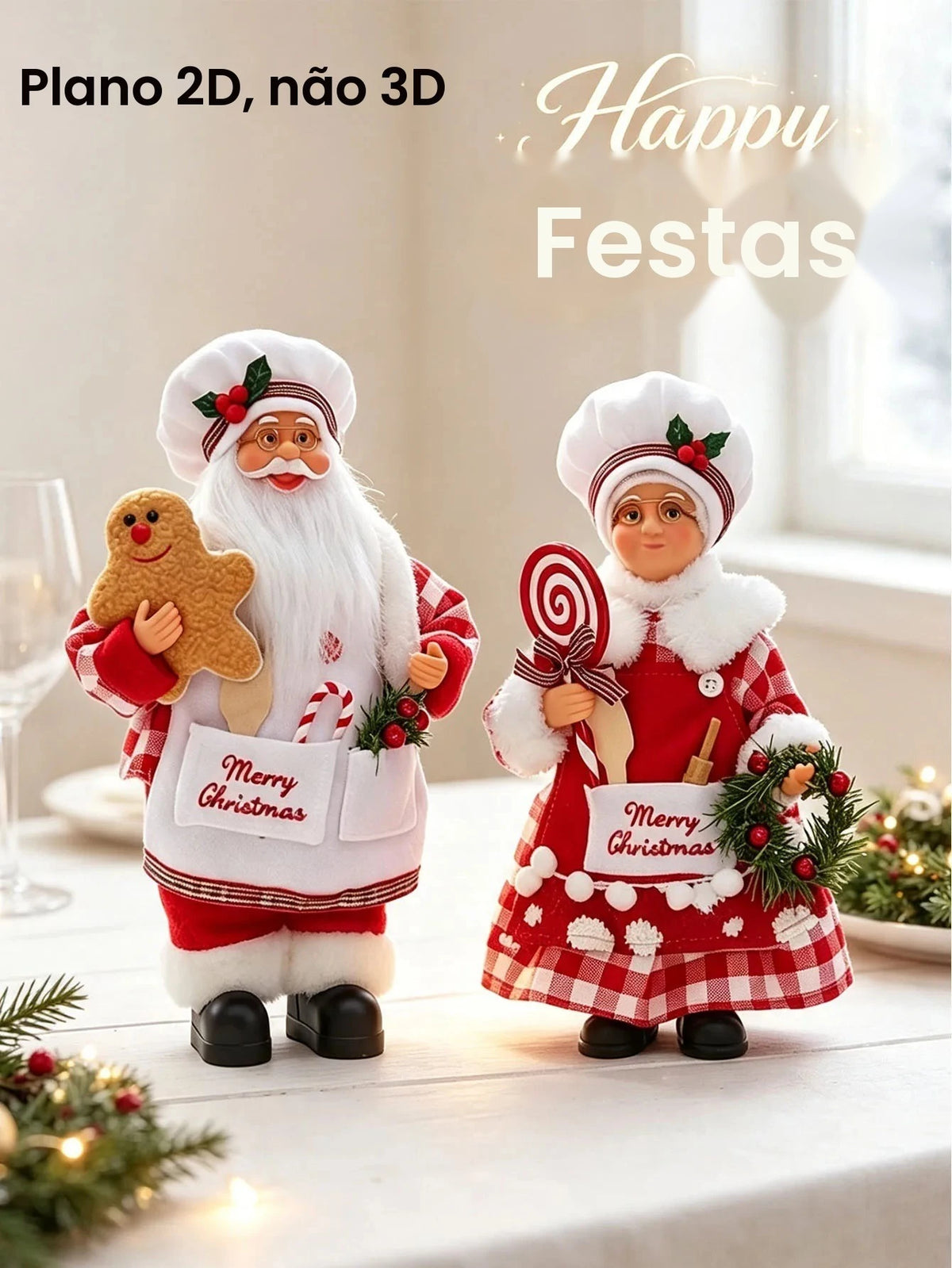 Conjunto de 2 peças de enfeites de Natal do Chef Papai Noel e da Sra. Noel, figuras de madeira do Chef Papai Noel