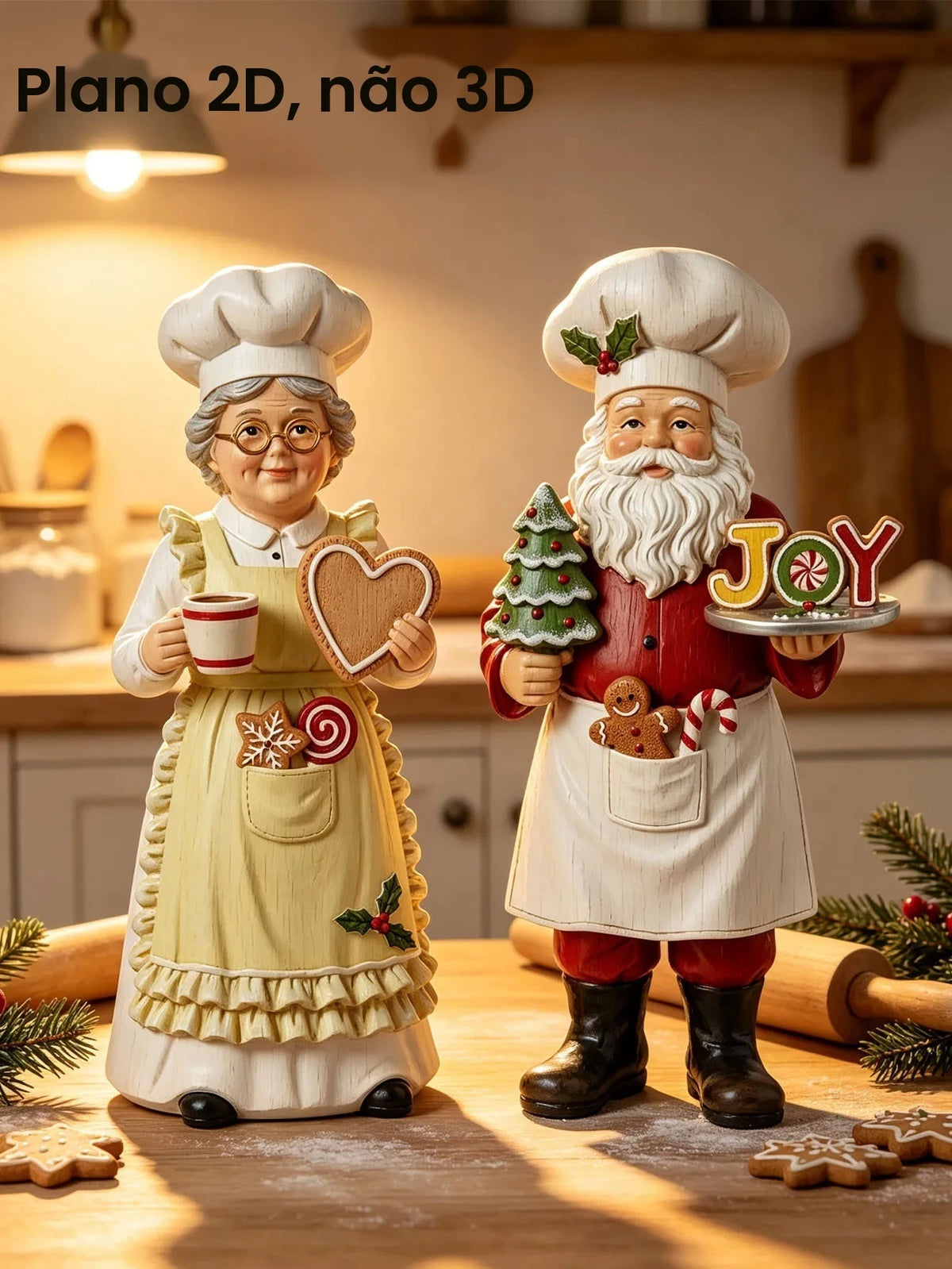 Conjunto de 2 peças de enfeites de Natal do Chef Papai Noel e da Sra. Noel, figuras de madeira do Chef Papai Noel