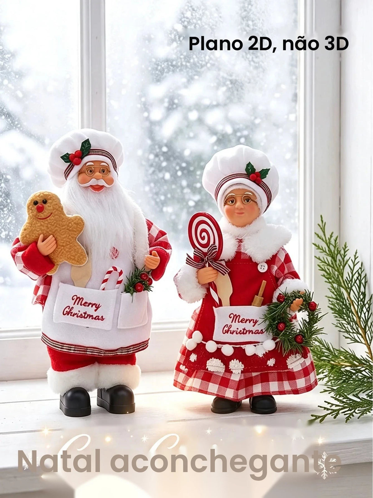 Conjunto de 2 peças de enfeites de Natal do Chef Papai Noel e da Sra. Noel, figuras de madeira do Chef Papai Noel
