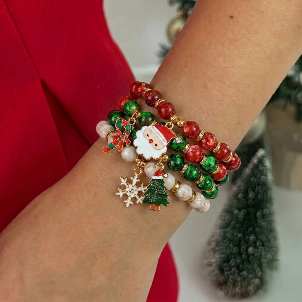 Conjunto de 4 pulseiras coloridas com contas de Natal para mulheres, com árvore de Natal, Papai Noel, rena e floco de neve, joias para festas.
