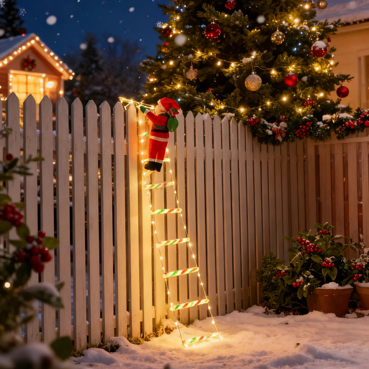 Cordão de Luzes de Natal com Tema Papai Noel, Ideal para Decoração de Festas de Natal, Iluminação Natalina e Decoração de Jardim