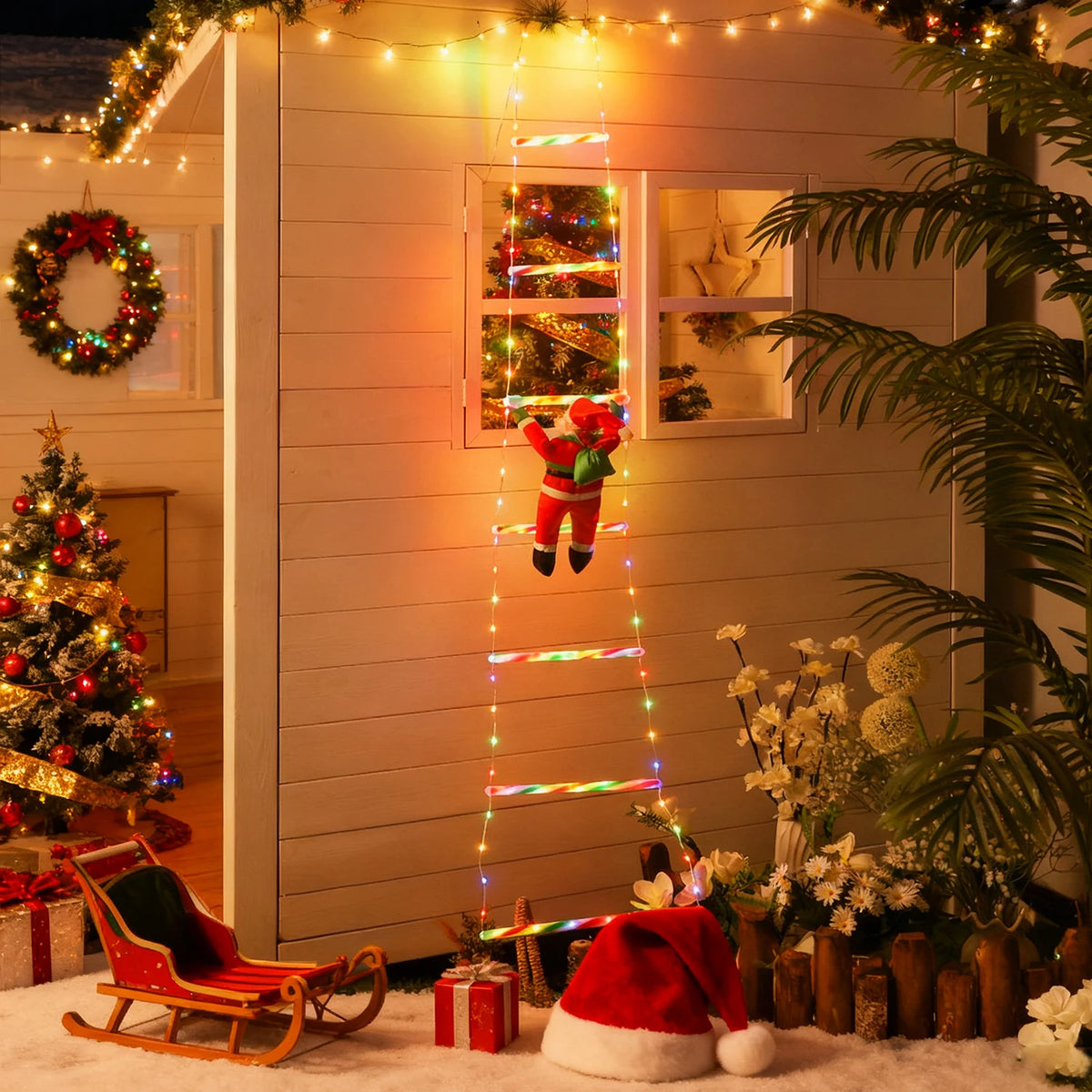 Cordão de Luzes de Natal com Tema Papai Noel, Ideal para Decoração de Festas de Natal, Iluminação Natalina e Decoração de Jardim