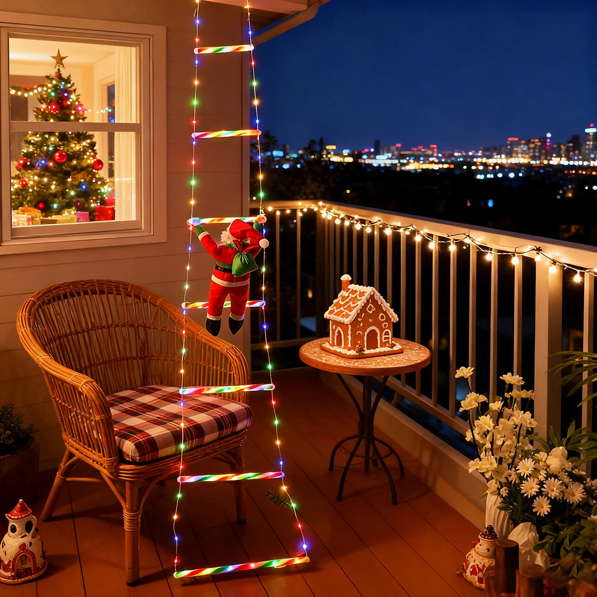 Cordão de Luzes de Natal com Tema Papai Noel, Ideal para Decoração de Festas de Natal, Iluminação Natalina e Decoração de Jardim
