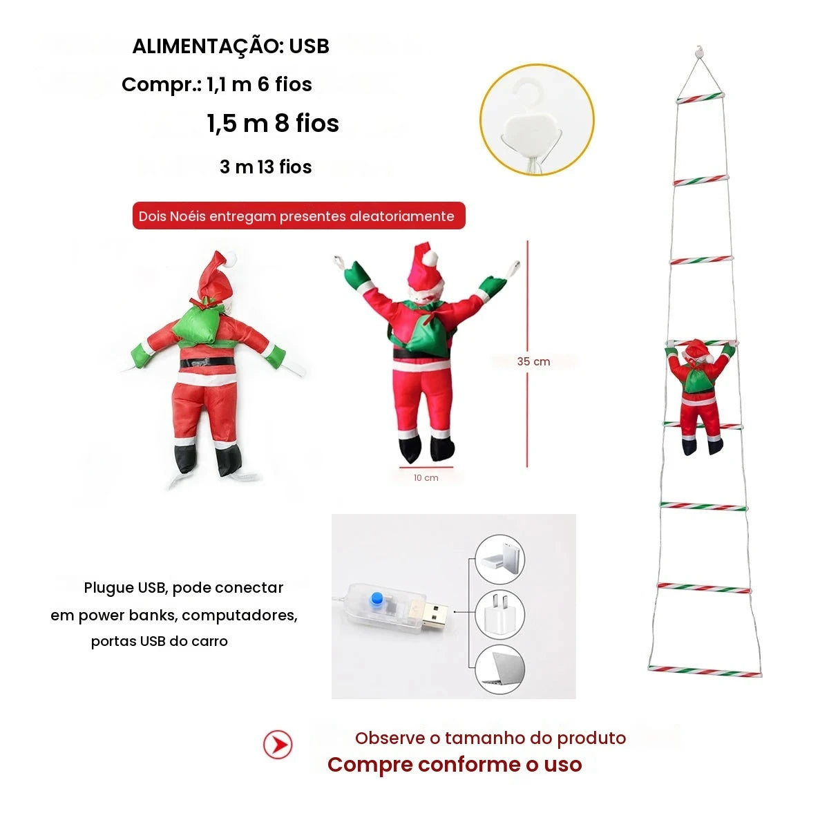 Cordão de Luzes de Natal com Tema Papai Noel, Ideal para Decoração de Festas de Natal, Iluminação Natalina e Decoração de Jardim