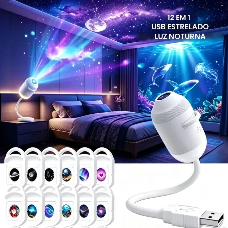 Decoração de Natal com projeção de estrelas e galáxias em HD 4K, luz noturna 360 ° Lâmpada de projeção de céu estrelado com alimentação USB e base giratória.