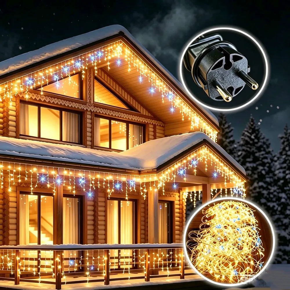 Decorações de Natal 2026, guirlanda de luzes LED com efeito de fadas, estilo estrelado, para uso externo (branco quente + branco frio com efeito estroboscópico), 28 m (L) * 0,4/0,5/0,6 m (A)