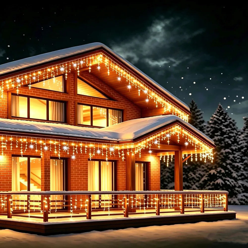Decorações de Natal 2026, guirlanda de luzes LED com efeito de fadas, estilo estrelado, para uso externo (branco quente + branco frio com efeito estroboscópico), 28 m (L) * 0,4/0,5/0,6 m (A)