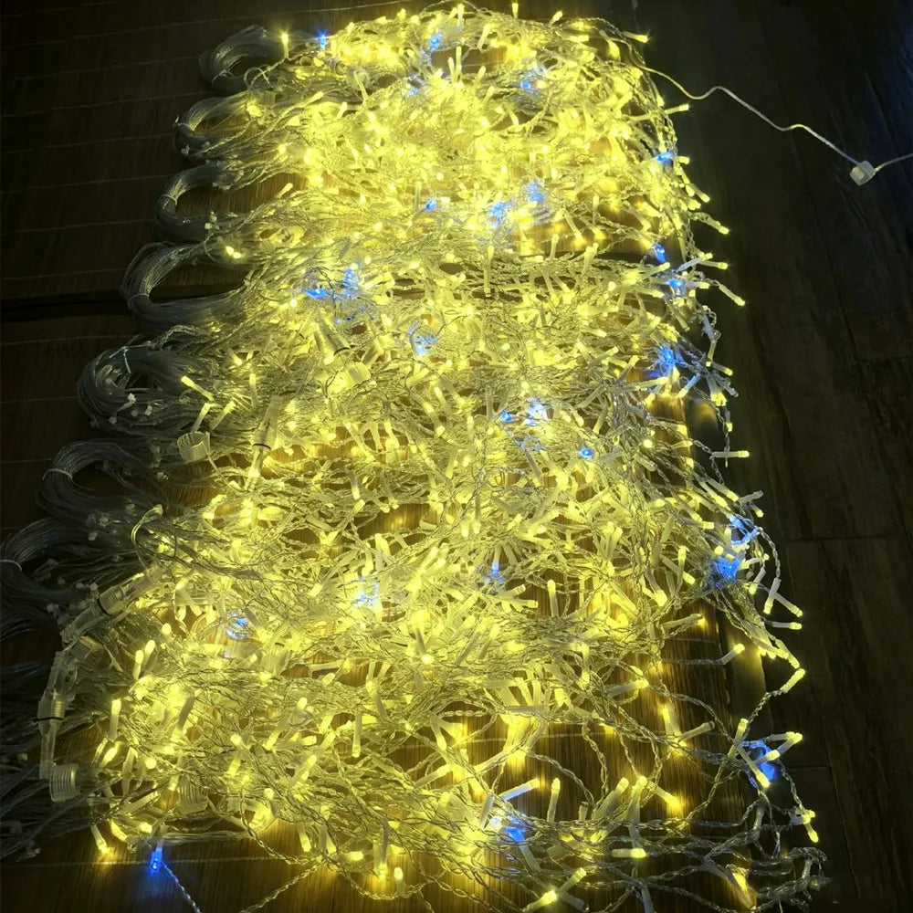 Decorações de Natal 2026, guirlanda de luzes LED com efeito de fadas, estilo estrelado, para uso externo (branco quente + branco frio com efeito estroboscópico), 28 m (L) * 0,4/0,5/0,6 m (A)