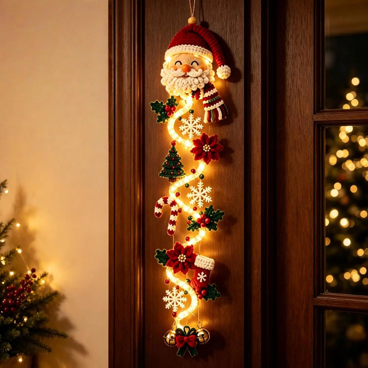 Enfeite de Natal para Porta Iluminado Merry Cascade, Decoração Brilhante com Luzes Quentes, Enfeite de Natal para Porta Vertical para Uso Interno e Externo
