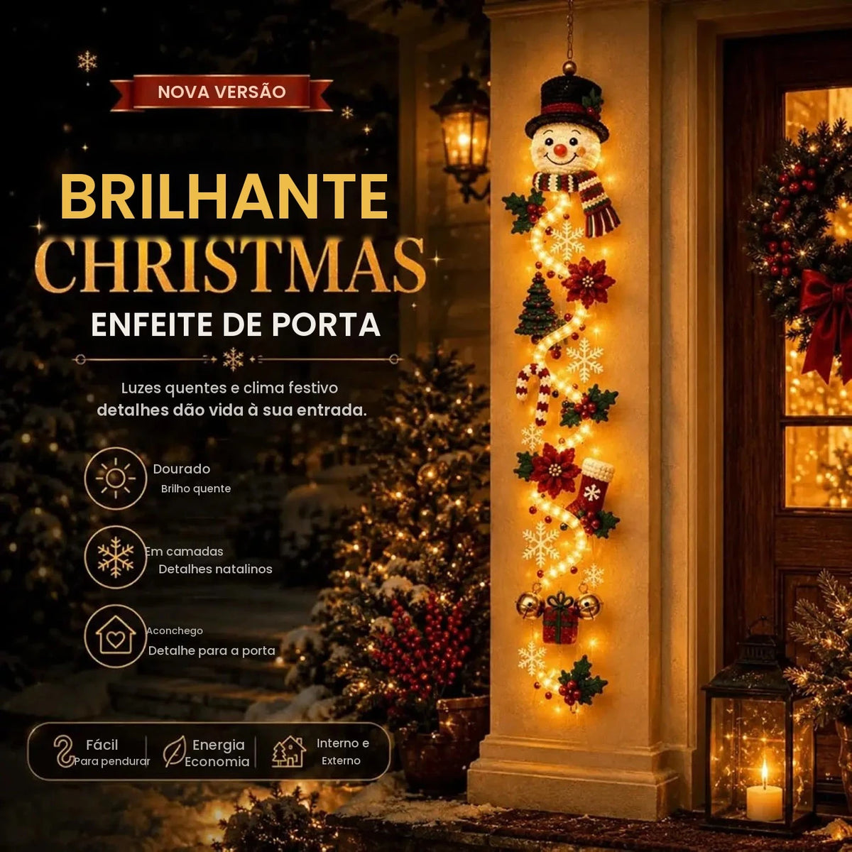 Enfeite de Natal para Porta Iluminado Merry Cascade, Decoração Brilhante com Luzes Quentes, Enfeite de Natal para Porta Vertical para Uso Interno e Externo