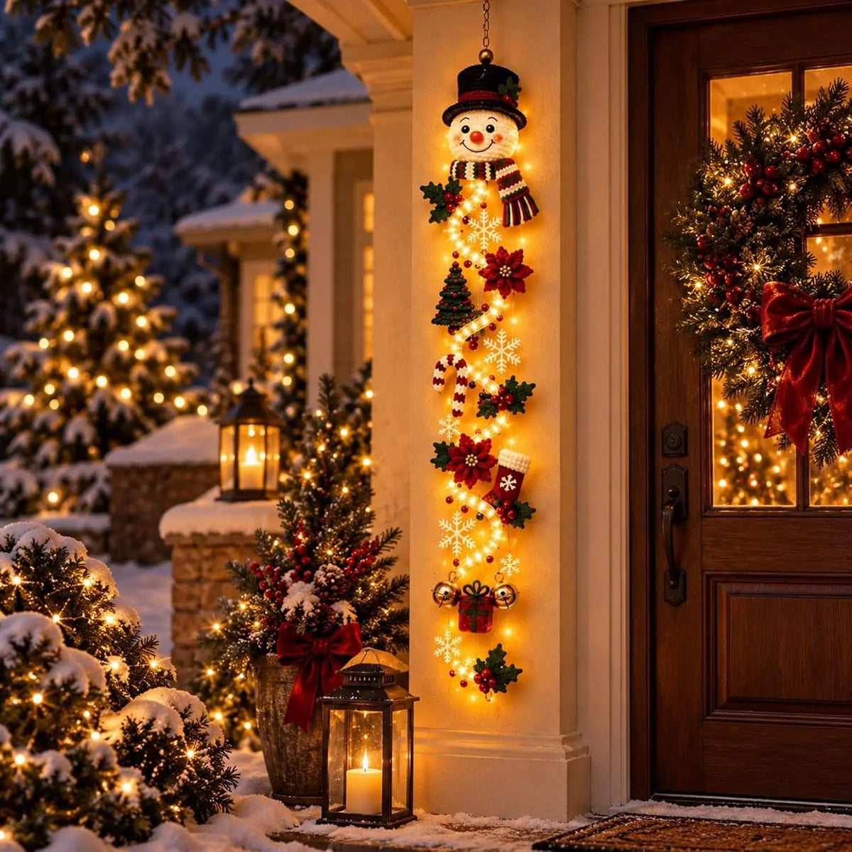 Enfeite de Natal para Porta Iluminado Merry Cascade, Decoração Brilhante com Luzes Quentes, Enfeite de Natal para Porta Vertical para Uso Interno e Externo