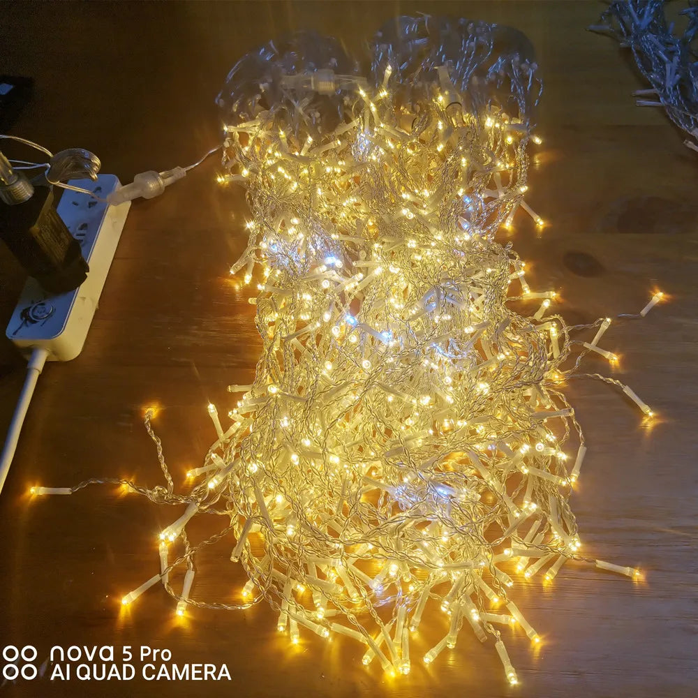 Festão LED com franja para exterior, guirlanda de rua, estilo estrelado, transformador UE e EUA, branco quente com um pequeno brilho, 8-20m, 30V