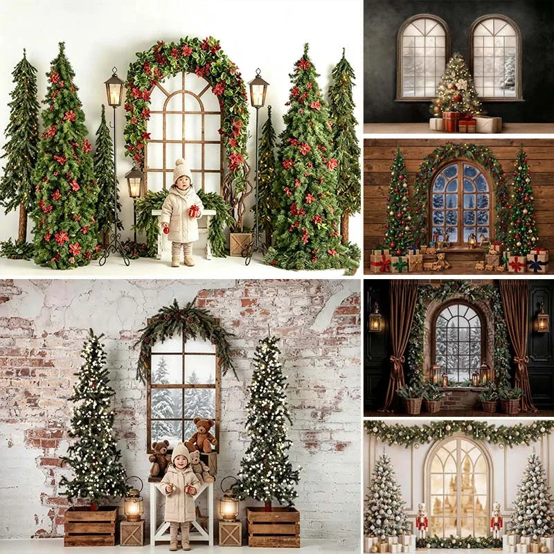 Fundo de Janela em Arco de Natal LS com Pinheiros, Lanternas e Caixas de Presente para Fotos de Crianças e Família, Acessórios de Natal