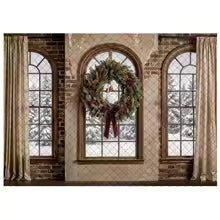 Fundo de Janela em Arco de Natal LS com Pinheiros, Lanternas e Caixas de Presente para Fotos de Crianças e Família, Acessórios de Natal