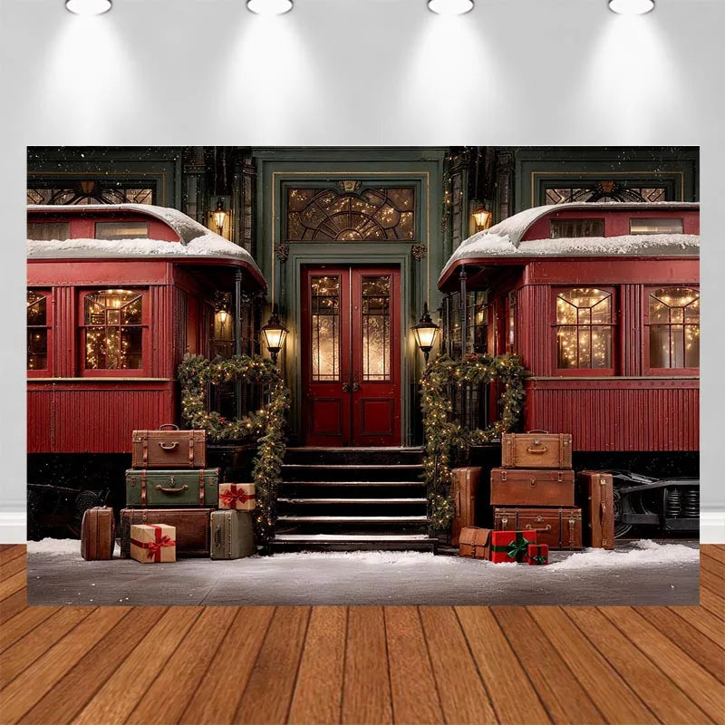 Fundo de Parede Vintage de Natal LS com Janela de Inverno, Cortina Vermelha, Aldeia Nevada, Lua, Mapa do Papai Noel e Foguete - Decorações de Natal