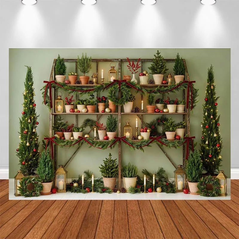 Fundo de Parede Vintage de Natal LS com Janela de Inverno, Cortina Vermelha, Aldeia Nevada, Lua, Mapa do Papai Noel e Foguete - Decorações de Natal
