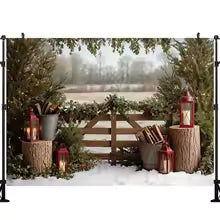 Fundo de Parede Vintage de Natal LS com Janela de Inverno, Cortina Vermelha, Aldeia Nevada, Lua, Mapa do Papai Noel e Foguete - Decorações de Natal