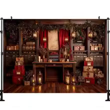 Fundo de Parede Vintage de Natal LS com Janela de Inverno, Cortina Vermelha, Aldeia Nevada, Lua, Mapa do Papai Noel e Foguete - Decorações de Natal
