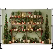 Fundo de Parede Vintage de Natal LS com Janela de Inverno, Cortina Vermelha, Aldeia Nevada, Lua, Mapa do Papai Noel e Foguete - Decorações de Natal