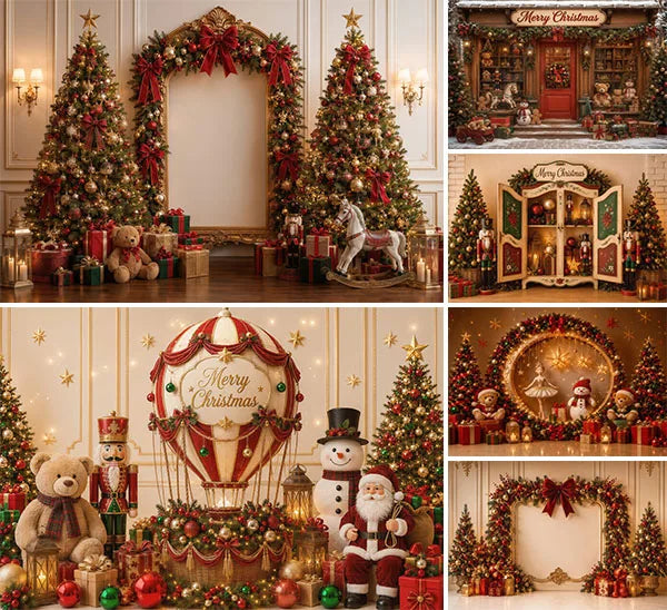 Fundo Fotográfico de Inverno Natalino: Loja do Papai Noel, Fábrica de Brinquedos, Correios, Árvore de Natal, Decoração para Retratos de Crianças e Família, Cenário para Estúdio Fotográfico