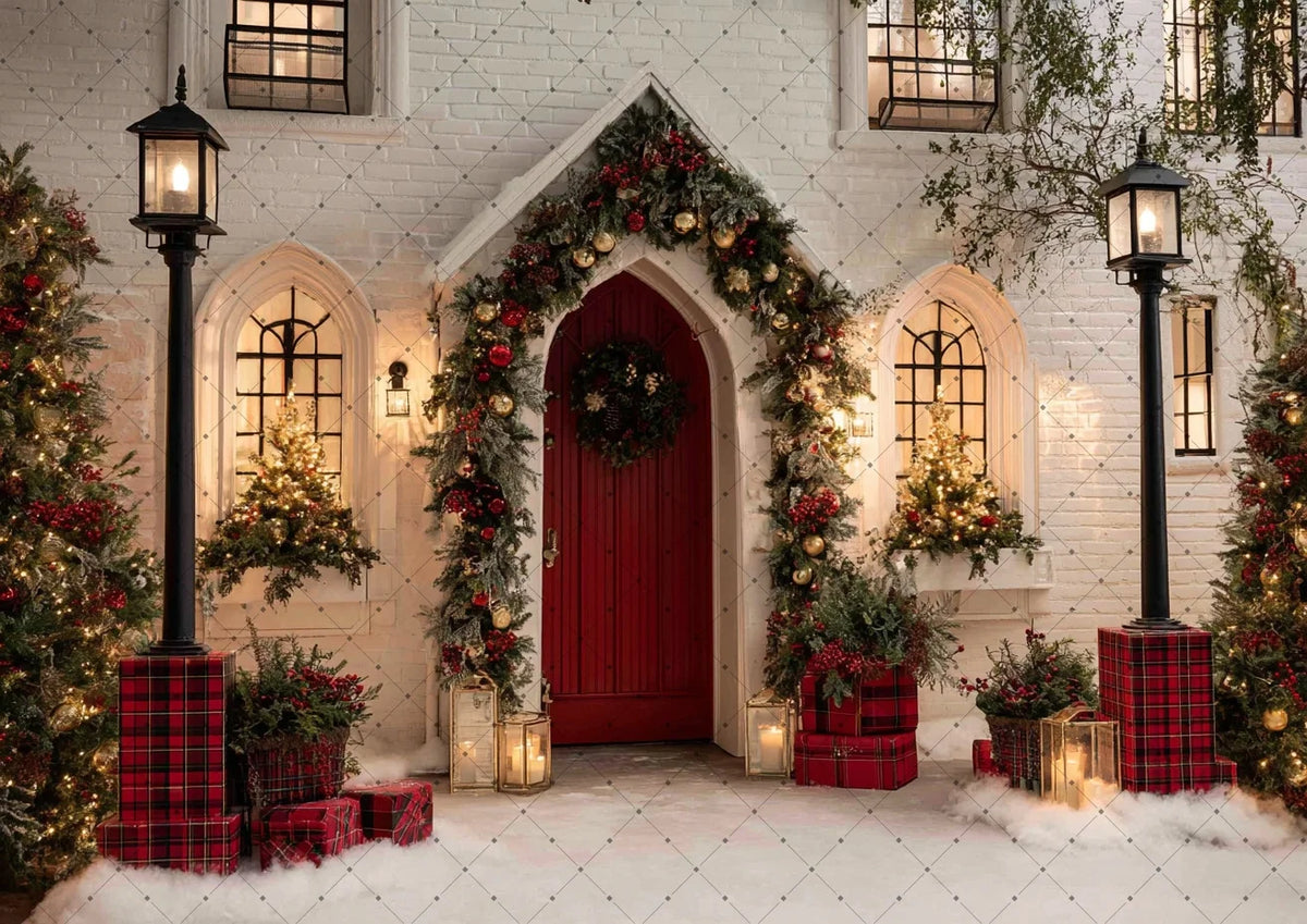 Fundo Fotográfico de Natal Casa de Tijolos Brancos Porta Vermelha Guirlanda de Natal Lâmpada Neve Cenário de Estúdio para Retratos Infantis