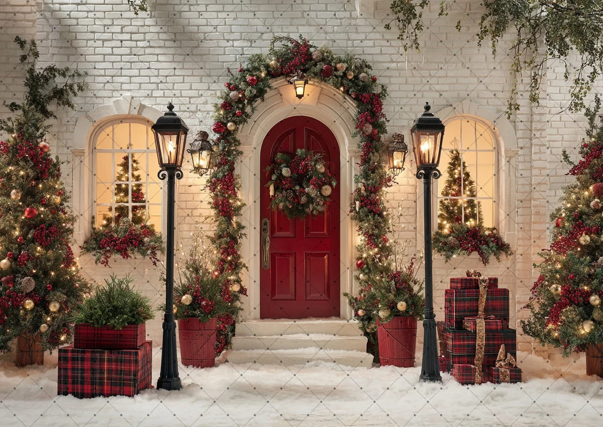Fundo Fotográfico de Natal Casa de Tijolos Brancos Porta Vermelha Guirlanda de Natal Lâmpada Neve Cenário de Estúdio para Retratos Infantis