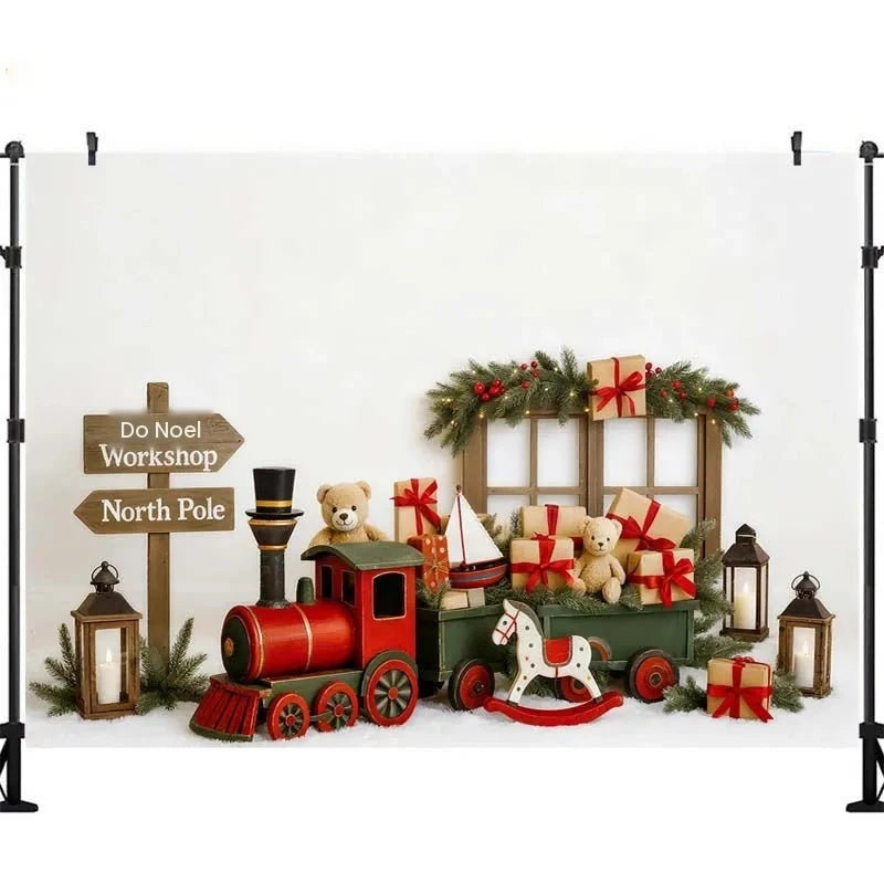 Fundo Fotográfico de Natal LS, Decoração de Sala de Correio do Polo Norte, Trenó do Papai Noel, Acessórios de Estúdio para Retratos de Família no Natal