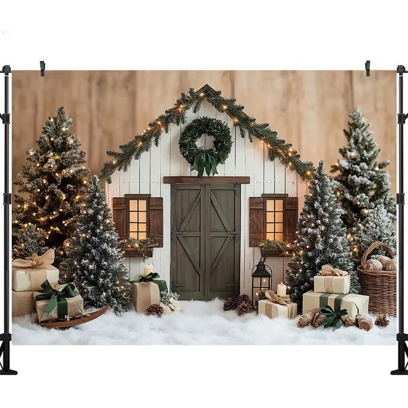 Fundo Fotográfico LS: Cabana de Inverno Natalina com Luzes, Árvore de Natal, Presentes, Crianças e Família – Decoração para Retratos e Estúdio Fotográfico
