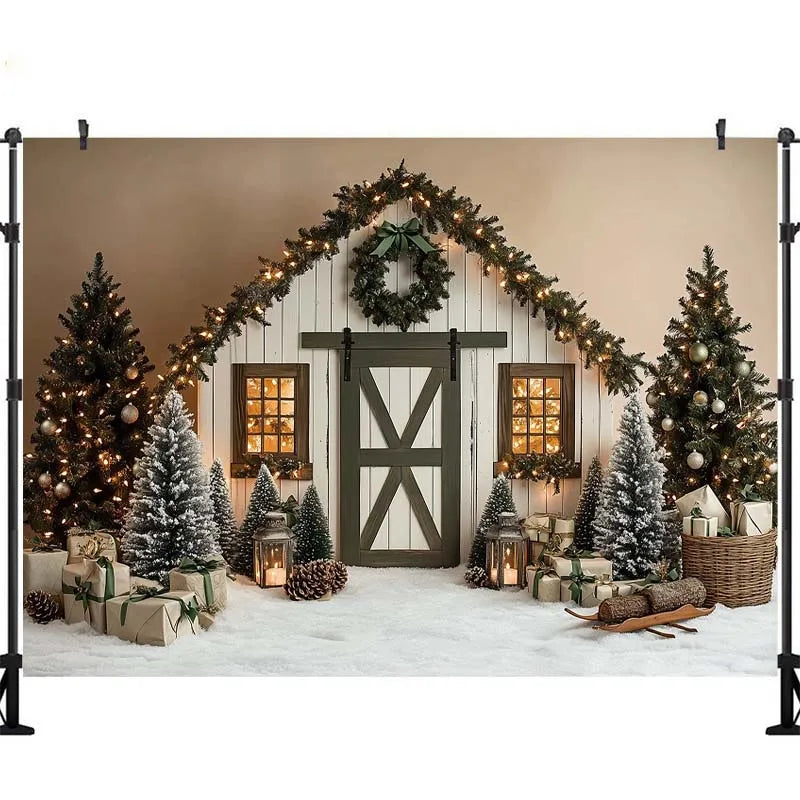 Fundo Fotográfico LS: Cabana de Inverno Natalina com Luzes, Árvore de Natal, Presentes, Crianças e Família – Decoração para Retratos e Estúdio Fotográfico