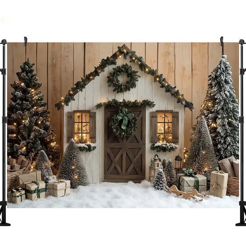 Fundo Fotográfico LS: Cabana de Inverno Natalina com Luzes, Árvore de Natal, Presentes, Crianças e Família – Decoração para Retratos e Estúdio Fotográfico