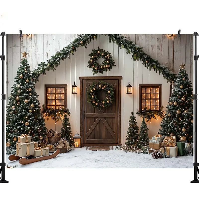 Fundo Fotográfico LS: Cabana de Inverno Natalina com Luzes, Árvore de Natal, Presentes, Crianças e Família – Decoração para Retratos e Estúdio Fotográfico