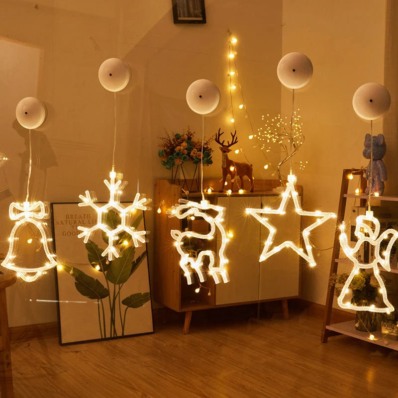 Janela de natal pendurada luz led ventosa estrelas floco de neve sino decoração loja janela vidro atmosfera cena véspera de natal