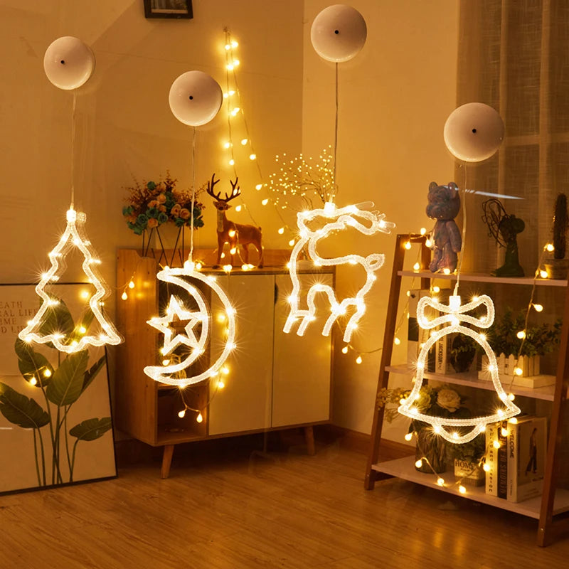 Janela de natal pendurada luz led ventosa estrelas floco de neve sino decoração loja janela vidro atmosfera cena véspera de natal
