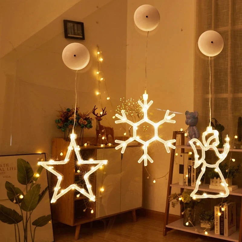 Janela de natal pendurada luz led ventosa estrelas floco de neve sino decoração loja janela vidro atmosfera cena véspera de natal