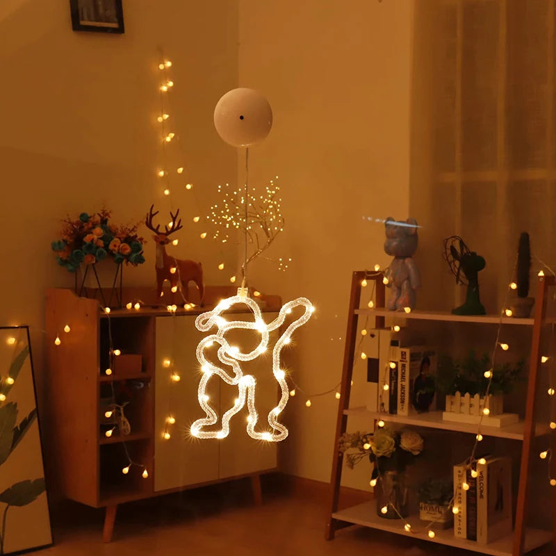 Janela de natal pendurada luz led ventosa estrelas floco de neve sino decoração loja janela vidro atmosfera cena véspera de natal