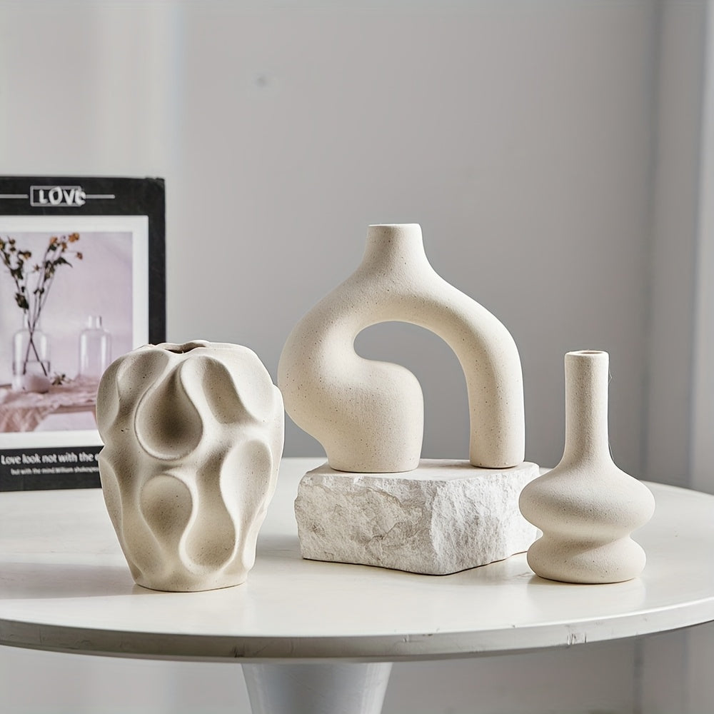 Kit 3 Vasos de Cerâmica Branca, Boho Nórdico