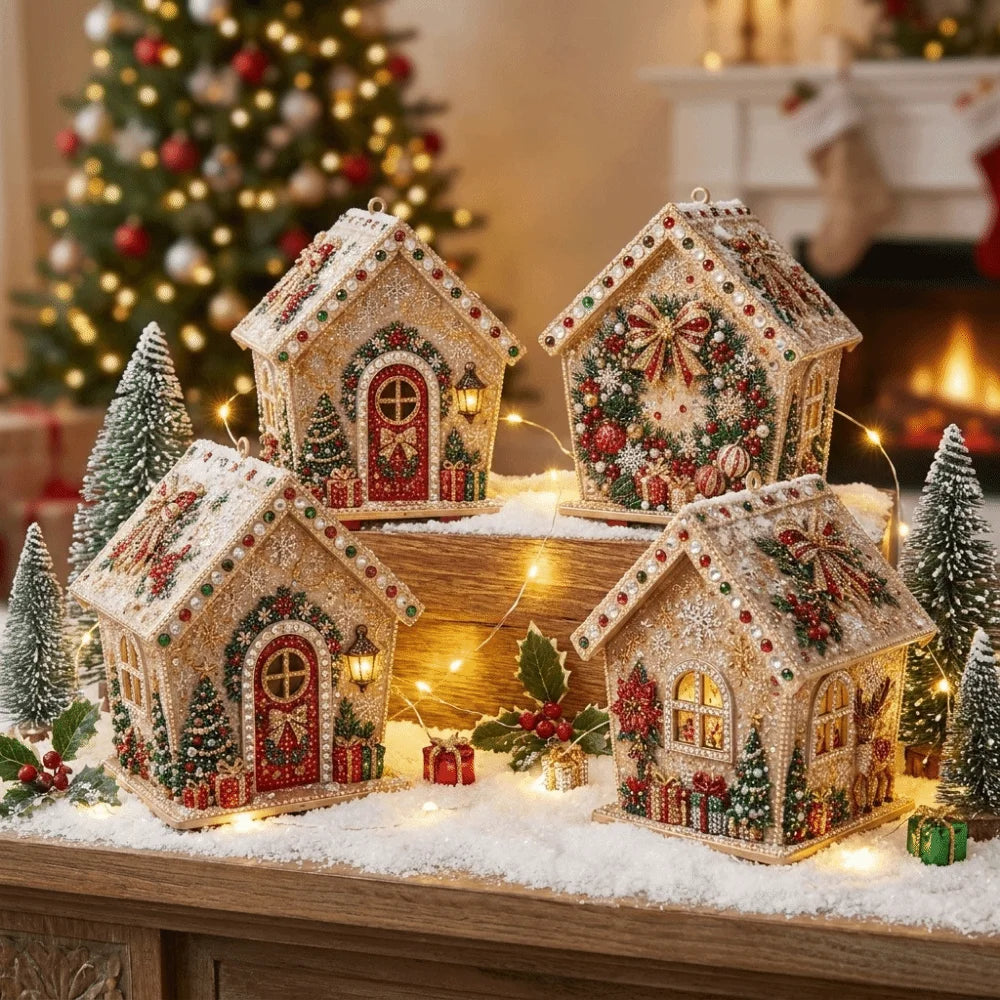Kit de Artesanato de Pérolas 3D Casa de Madeira de Natal com Padrão Festivo DIY - Conjunto de Artesanato com Pérolas DIY