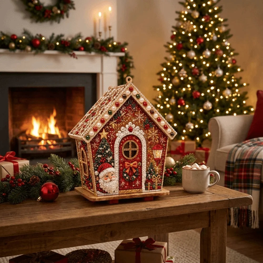 Kit de Artesanato de Pérolas 3D Casa de Madeira de Natal com Padrão Festivo DIY - Conjunto de Artesanato com Pérolas DIY