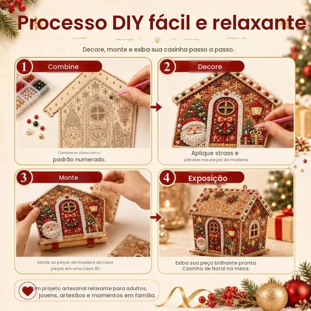 Kit de Artesanato de Pérolas 3D Casa de Madeira de Natal com Padrão Festivo DIY - Conjunto de Artesanato com Pérolas DIY