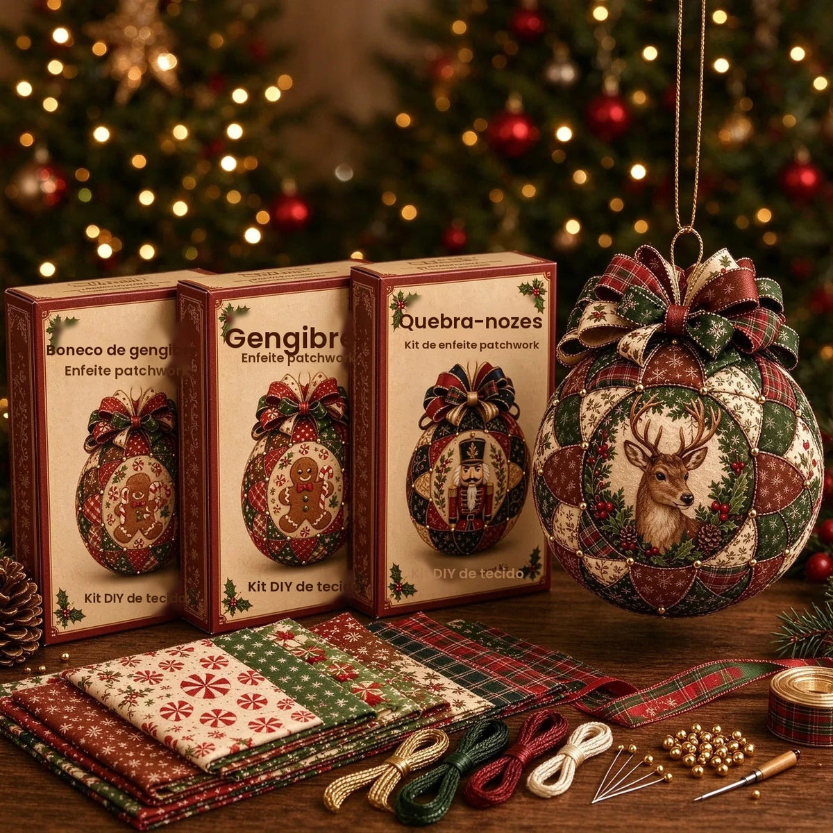 Kit de Bolas Decorativas de Natal em Patchwork Estilo Vintage, Kit DIY para Artesanato, Kit de Costura de Natal Amigável para Iniciantes, Presentes para Festas