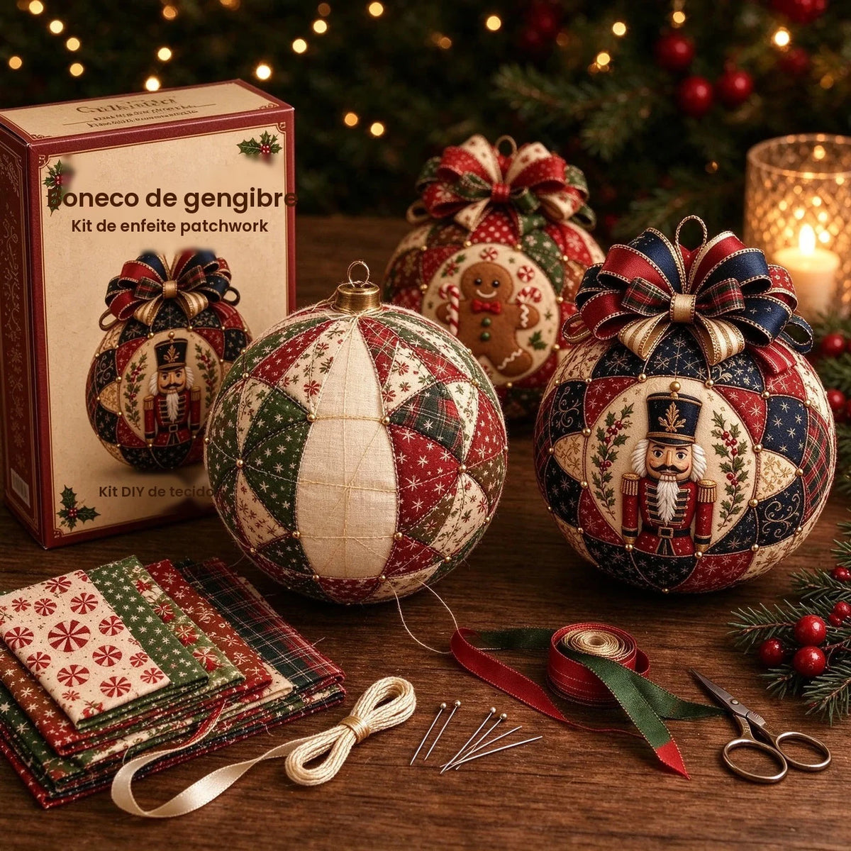 Kit de Bolas Decorativas de Natal em Patchwork Estilo Vintage, Kit DIY para Artesanato, Kit de Costura de Natal Amigável para Iniciantes, Presentes para Festas