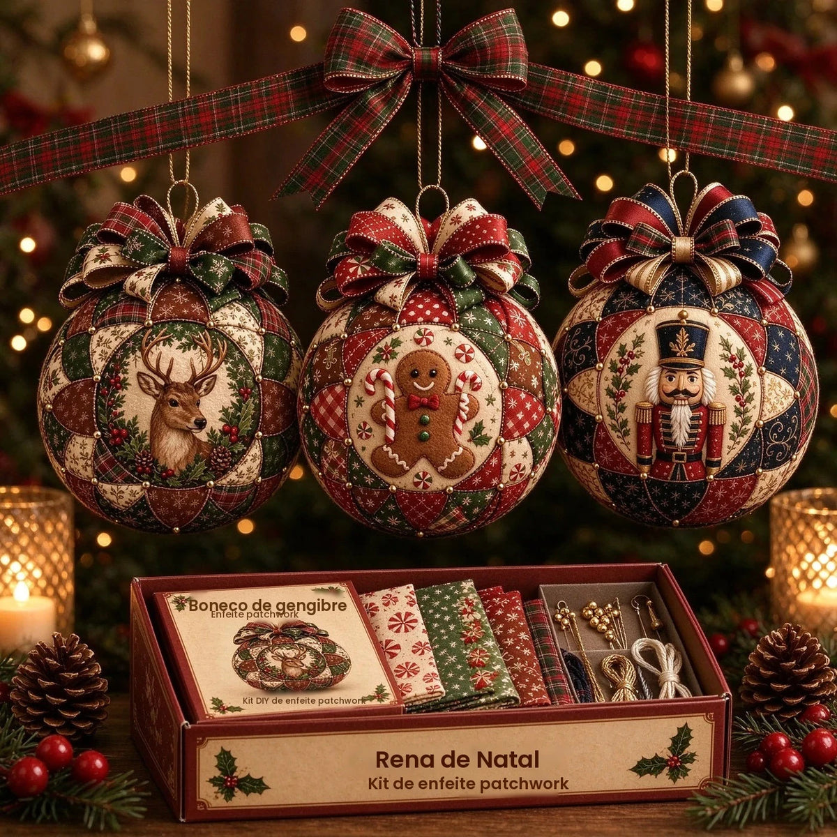 Kit de Bolas Decorativas de Natal em Patchwork Estilo Vintage, Kit DIY para Artesanato, Kit de Costura de Natal Amigável para Iniciantes, Presentes para Festas